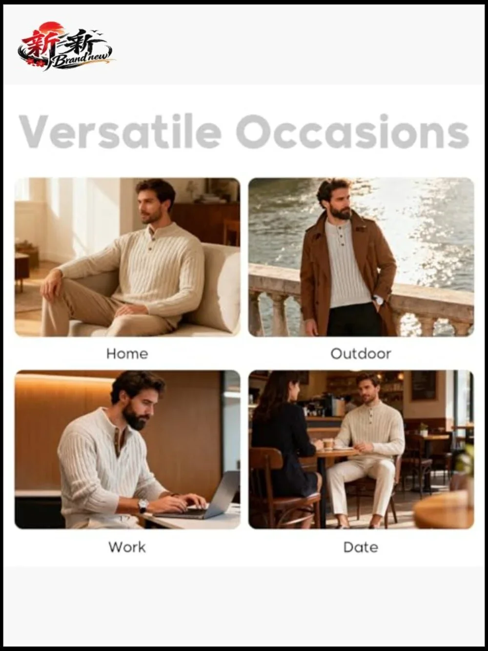 Cable Knit 1/4 Button Up Mock Neck Long Sleeve Pullover Sweater Men